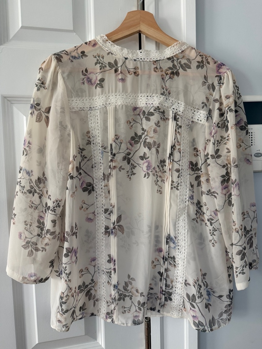 LC Lauren Conrad Cream Sheer Floral Blouse with Purple & Green Accents